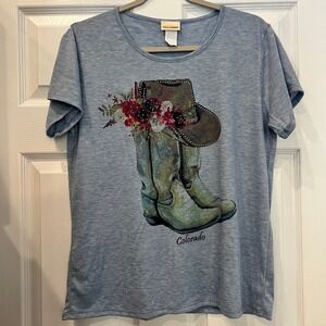 Sunshirt Graphic T-Shirt Cotton Poly Blue Colorado Cowboy Boots Westerncore M